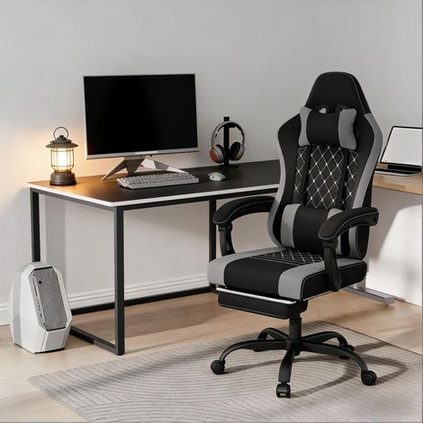 Silla gaming ergonómica con función de masaje, reposacabezas y soporte lumbar, tejido mesh y metal, negro y gris (1/5)