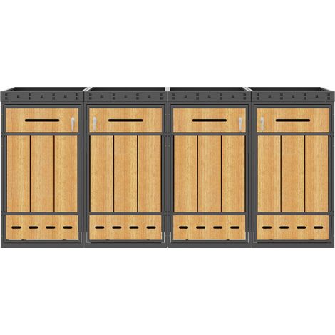 Coffre de rangement pour poubelles 4 compartiments en acier galvanisé avec bac à plantes, finition effet bois, capacité 120-240 L (1/5)