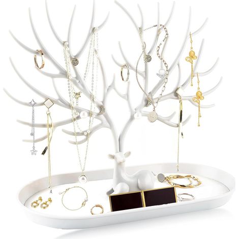 Árbol para joyas, soporte de plástico para joyas, árbol decorativo con bandeja para joyas, expositor de joyas con forma de ciervo para pendientes, collares, cadenas, relojes y pulseras (blanco)