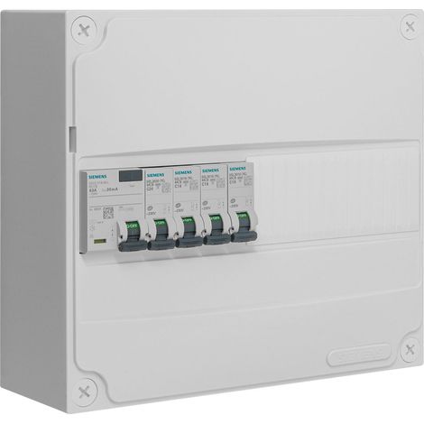 Siemens – Tableau électrique 1 rangée pré-équipé – Interrupteur différentiel 63A type A + 4 disjoncteurs – Montage en GTL ou saillie – IP30 IK05 (1/2)