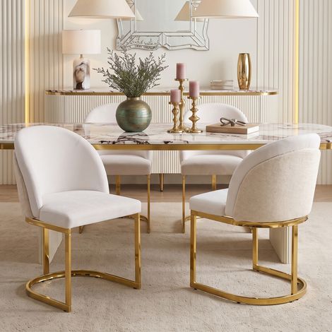 Set di 2 sedie da pranzo con doppio schienale, gambe in metallo specchiato, chenille beige e oro (1/5)