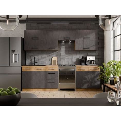 Cuisine complète 7 éléments – Décor chêne lancelot et gris matera – L260 x P52 x H82 cm – Meubles sous évier et bas inclus (1/5)
