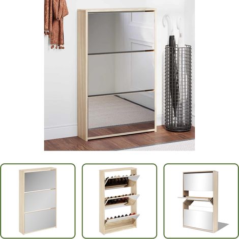 Spiegel Schrank - Schuhschrank mit 3 Fächern Spiegel Eiche-Optik 63x17x102,5 cm (1/5)