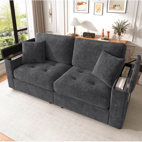 Canapé 2 places 180x83x88 cm gris foncé en chenille avec rangement intégré (1/5)