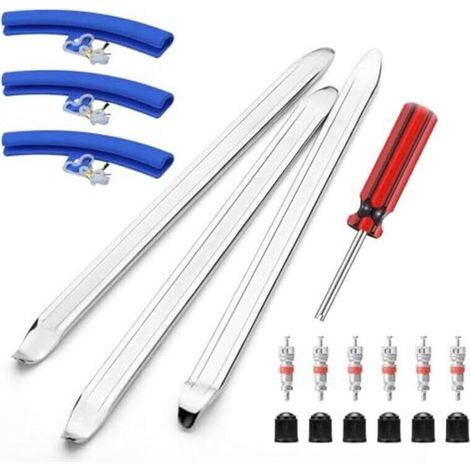 19 pièces démonte-pneus, 30 cm démonte-pneus avec 3 protections de jante et 6 valves de pneu outil de montage de pneu démonte-pneus pour moto vélo voiture e-scooter (1/4)