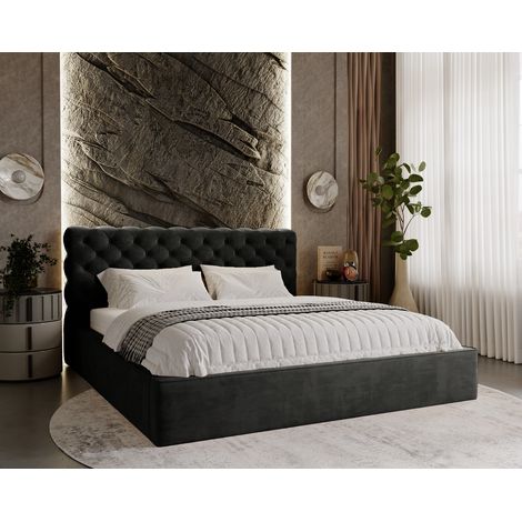 Lit double 140x200 cm Ali - glamour, coffre, cadre en métal - tissu velours Noir (Magic Velvet 2219) (1/5)