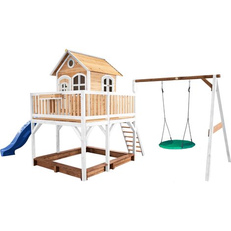 Axi Liam Maison Enfant Avec Bac À Sable, Balançoire Nid D’Oiseau Vert & Toboggan Bleu Aire De Jeux Pour L'Extérieur En Marron & Blanc Maisonnette / Cabane De Jeu En Bois Fsc (1/5)