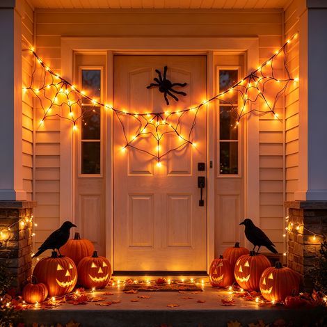 Décoration Halloween, Guirlande LED Toile d’Araignée Orange, Araignée, À Piles, Étanche, Déco Suspendue (1/5)