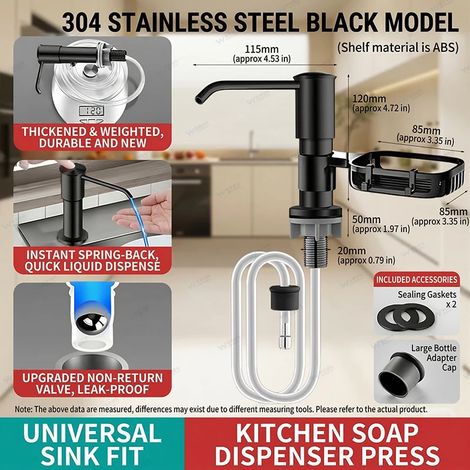 (Noir mat Pro) Distributeur de savon de luxe pour évier de cuisine en acier inoxydable 304 avec pompe à pression, kit de tube d'extension pour détergent, accessoire robuste (1/5)