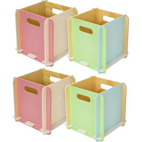 HMF Aufbewahrungsbox aus Holz zum Zusammenstecken, 4er Set, passend für Bücherregale, 25 x 25 x 25 cm, Mehrfarbig (1/5)