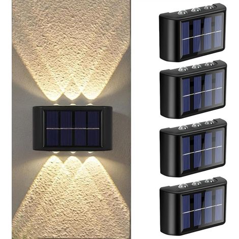 Lampe Murale Solaire - 6 LED - 100 Lumen - 3000K Blanc Chaud - Étanche IP65 - Éclairage Bidirectionnel Haut/Bas - Pour Jardin Balcon Terrasse Escaliers - Lot de 4