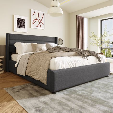 Lit coffre moderne 180x200 cm en lin gris avec tête de lit rembourrée et sommier relevable (1/5)