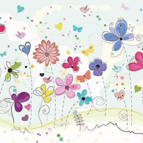papier peint panoramique fleurs & papillons multicolore et bleu clair - Sanders & Sanders (1/5)