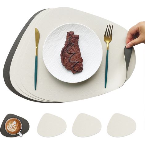 Doppelseitiges Untersetzer-Set aus genarbtem Leder, 4-teilig – Tischsets und Glasuntersetzer, wärmeisolierend, hitzebeständig und umweltfreundlich für Hotels und westliche Abendessen, Modell Weiß + Gr