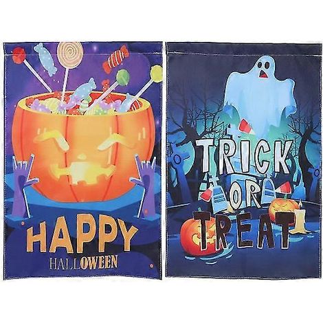 Lot de 2 drapeaux décoratifs d'extérieur pour Halloween : drapeau de jardin « Joyeux Halloween », drapeau de jardin effrayant, drapeau de jardin citrouille. (1/4)