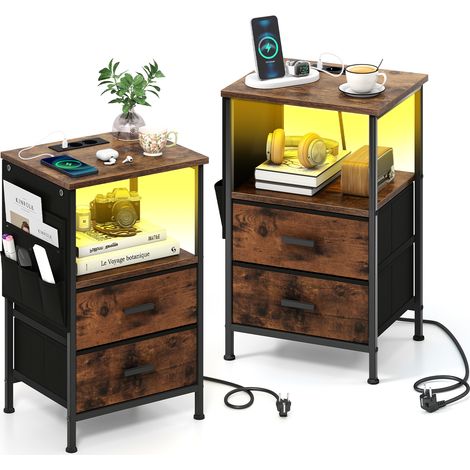 Table de Chevet avec Prise, Table d'Appoint LED, 2 Tiroirs Pliables, 6 Poches Latérales, Chevet de Lit Lumineuse pour Chambre, Salon, Marron, 2 Pcs (1/5)