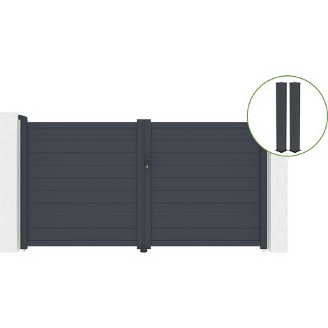 Portail battant 3m EIGER H.160cm alu gris + 2 poteaux 20x20cm H.190cm (1/5)