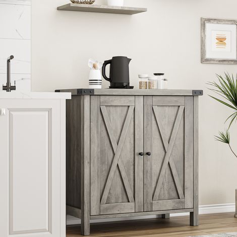 Buffet - Armoire de cuisine - Style maison de campagne - Avec 2 portes et étagères - 76 x 40 x 80 cm - Étagère réglable - Vintage - Gris - Pour salon - Marron chêne (1/5)