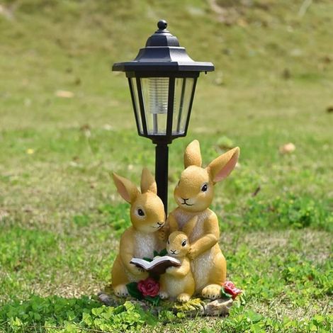 Statue de jardin solaire d'extérieur, statue de jardin familiale de lapins avec lanterne solaire, décoration de jardin