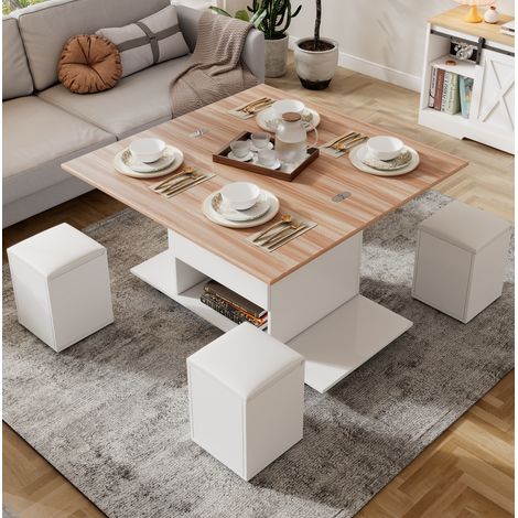 Table basse relevable 100x50x48 cm avec rangement et 4 tabourets, plateau pliable, panneau de particules blanc (1/5)