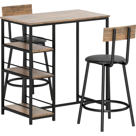 Conjunto de mesa alta con 2 taburetes, 3 piezas, acero y tablero MDF, estilo moderno, color roble (1/5)