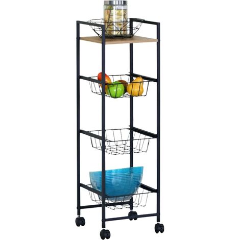 Carrito Auxiliar Frutero Cocina Rafio con 1 Balda y 3 Cestos Roble Cambrian y Negro 29x95x30 cm