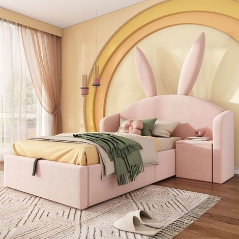 Lit Coffre 90x190 Velours Rose Lapin - Lit Rembourré - Avec Table Chevet Grand Rangement Sommier Inclus Pour Enfants Design Douillet (1/5)