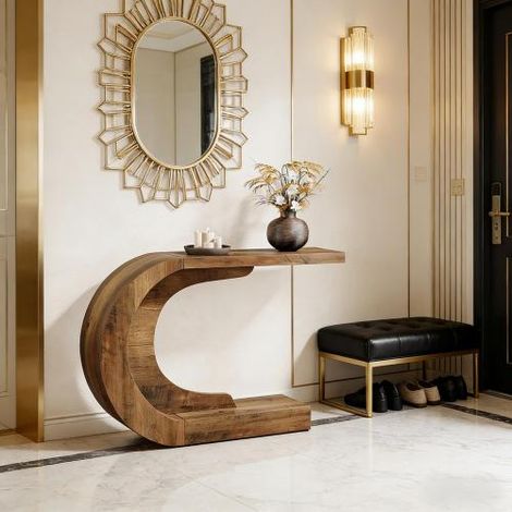 Table basse forme en C Kérian, table de couloir contemporaine, console moderne gain de place, meuble pratique pour salon, canapé et petit logement (1/5)