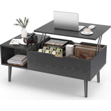 Table basse relevable pour salon – 39,37 × 19,7 pouces, table multifonction avec plateau élévateur, rangement et étagère réglable, style bois