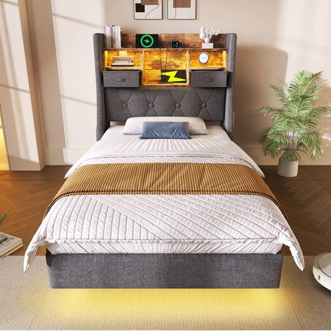 Letto singolo 90x200 cm grigio in tessuto effetto lino con LED, ricarica USB-C e materasso (1/5)