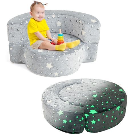 COSTWAY Glow-in-the-Dark Kids Sofa 2-in-1 Toddler Game Mat w/Washable Cover-Grey (1/5)
