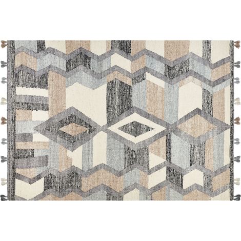 Alfombra kilim de lana gris azul beige 200 x 300 cm a mano borlas Aygezard