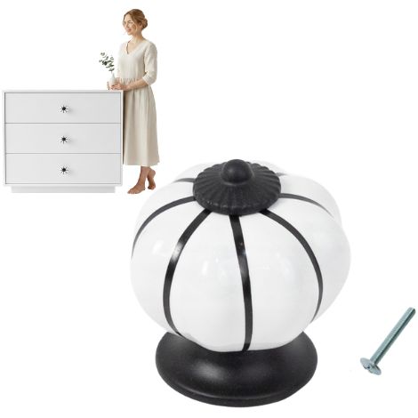 Tirador de mueble, porcelana, calabaza, blanco/negro, retro, AKS (1/5)