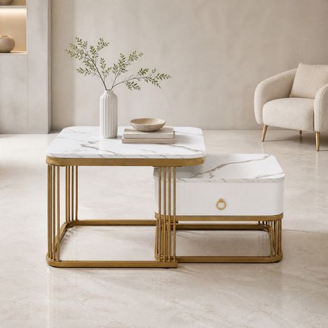 Tavolino da salotto a incastro 60x60x45 cm in MDF bianco effetto marmo FLORAGRACE (1/5)