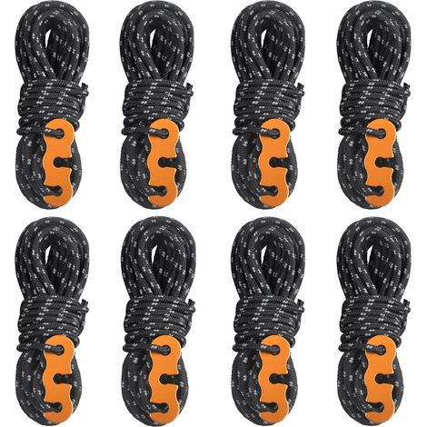 Cordon de serrage réfléchissant de 3 mm, de 4 mètres de long, léger, avec un ajusteur de corde en aluminium robuste pour fixer les bâches, emballage extérieur (noir - 8 pièces). (1/4)