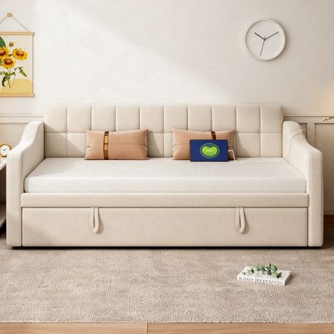 Lit banquette extensible 90 à 180x190 cm-USB sur les 2 accoudoirs-Poche de rangement-Sommier à lattes en métal et bois-Velours beige (1/5)