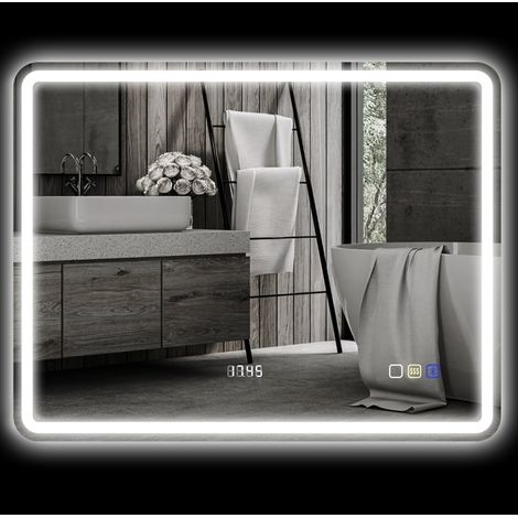 Specchio LED da bagno 70 x 90 cm, Bluetooth, orologio, antiappannamento, argento DESVIAE (1/5)