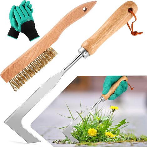 2pcs Outils Desherbeur Manuel avec Gants, Outillage de Jardin Desherbeur Jardin et Brosse Joint Carrelage avec Manche Ergonomique en Bois et Connexion Renforcée pour Patios et Allées (1/5)