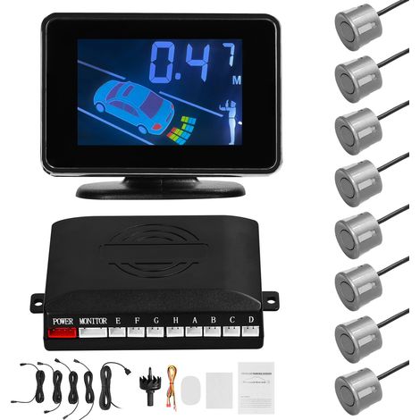 Capteur de stationnement de voiture Système de radars de recul Support avant et arrière Avertissement sonore/Buzzer/Muet avec 8 capteurs Détection de distance Écran LCD Volumes réglables (1/5)