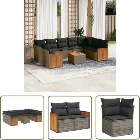 The Living Store 10-tlg. Garten-Sofagarnitur mit Kissen Grau Poly Rattan - Gartenmöbel Set - Rattan Möbel - Outdoor Lounge - Esstisch - Sofas (1/5)
