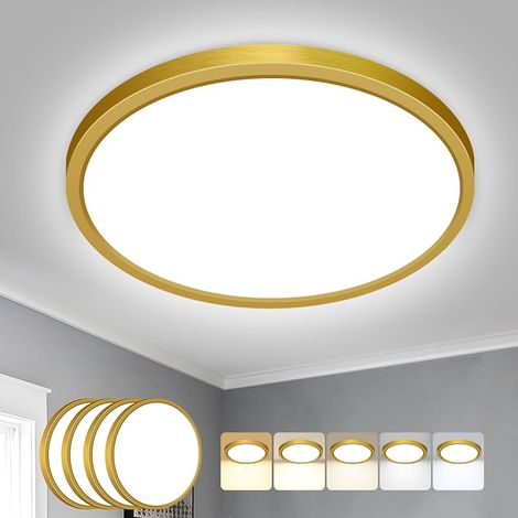 Lot de 4 Plafonnier LED, 18W 1800LM Luminaire Plafonnier Salle de Bain, IP54 Etanche & 5 Couleurs(3000K/3500K/4000K/5000K/6500K), Lampe Plafond Rond pour Cuisine, Chambre, Couloir Doré (1/5)