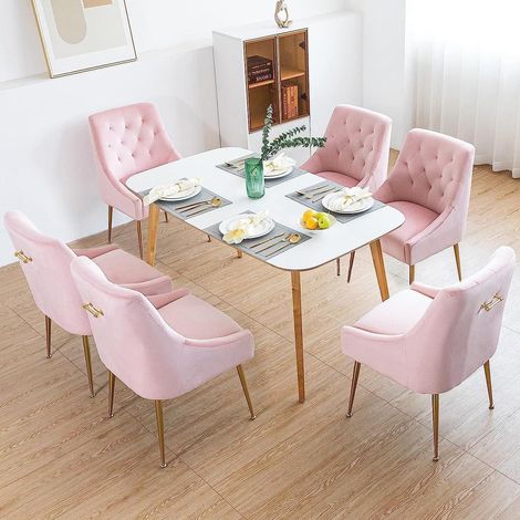 Esszimmerstühle 6er Set Rosa Samt mit Metallbeinen, gepolstert (1/5)
