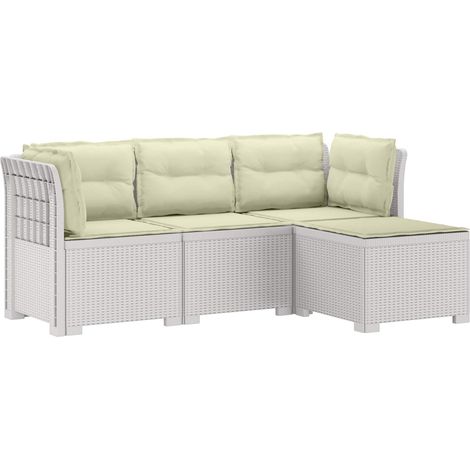 Canapé de jardin 4 places modulable aspect rotin PP résistant aux UV blanc avec coussins crème - PANGIVO (1/5)