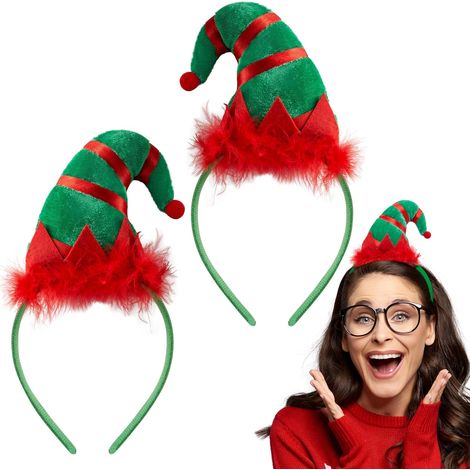 Lot de 2 bandeaux d'elfe avec bonnet en fourrure, mini bandeau vert et rouge, bonnet d'elfe de Noël, accessoires de bonnet d'elfe de Noël, cadeaux de jouets pour fêtes de Noël (1/5)