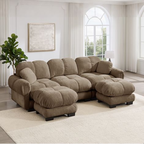 Sofá en U de 3 plazas en chenilla marrón, con chaise longue móvil y 2 cojines OKMYHOME (1/5)