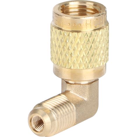 Accessoires de climatisation et de réfrigération : adaptateur fileté mâle 1/4" vers filetage femelle 5/16" R410 à 90° (1/5)