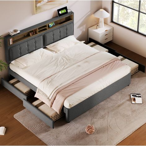 Bett modern 140x200 cm grau mit verstellbarem Kopfteil, 4 Schubladen, USB/Type-C-Anschluss und Lattenrost (1/5)