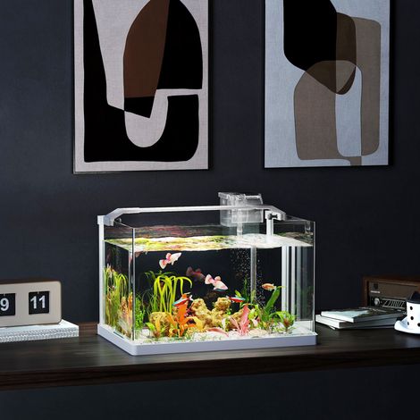 Aquarium aus Glas für rote Fische mit LED-Beleuchtung, Filtern und Wasserpumpen, 38 x 26 x 27 cm, weiß