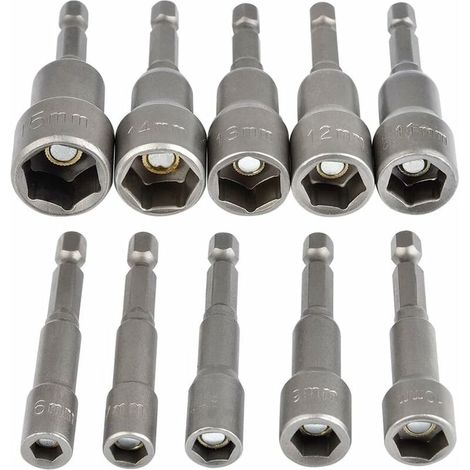 10-teiliges magnetisches Sechskant-Steckschlüssel-Set, 6–15 mm Schlagschrauber-Steckschlüssel, magnetischer Sechskant-Steckschlüsselsatz, 1/4"-Sechskant-Steckschlüsseladapter