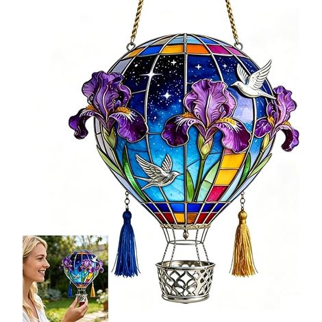 Atrapasueños con forma de globo aerostático, 20 cm, luz solar 2D de acrílico, resistente a la intemperie, decoración de jardín para terraza, entrada de vehículos, porche, patio, casa de campo y ventan (1/5)